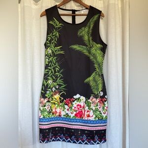 Flattering printed black shift dress with tropical print